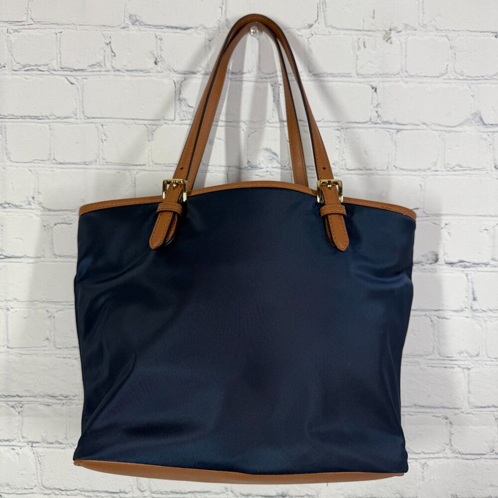 Michael Kors Canva Shoulder Tote Women Blue Colorblock Leather Trim Preppy Bag - Picture 2 of 16